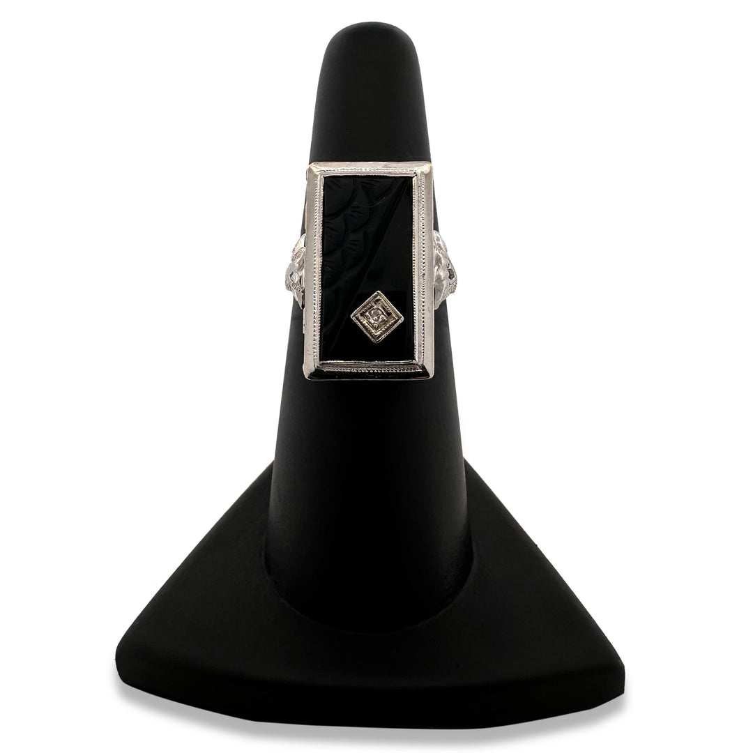 Art Deco Carved Onyx Tablet with Diamond Cocktail Ring in 14k White Gold