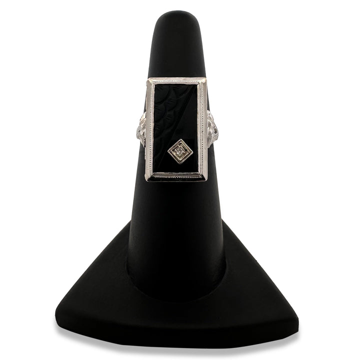 Art Deco Carved Onyx Tablet with Diamond Cocktail Ring in 14k White Gold