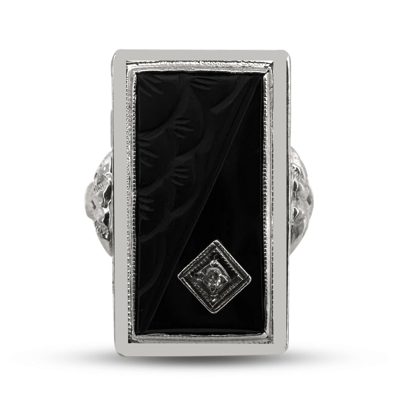 Art Deco Carved Onyx Tablet with Diamond Cocktail Ring in 14k White Gold
