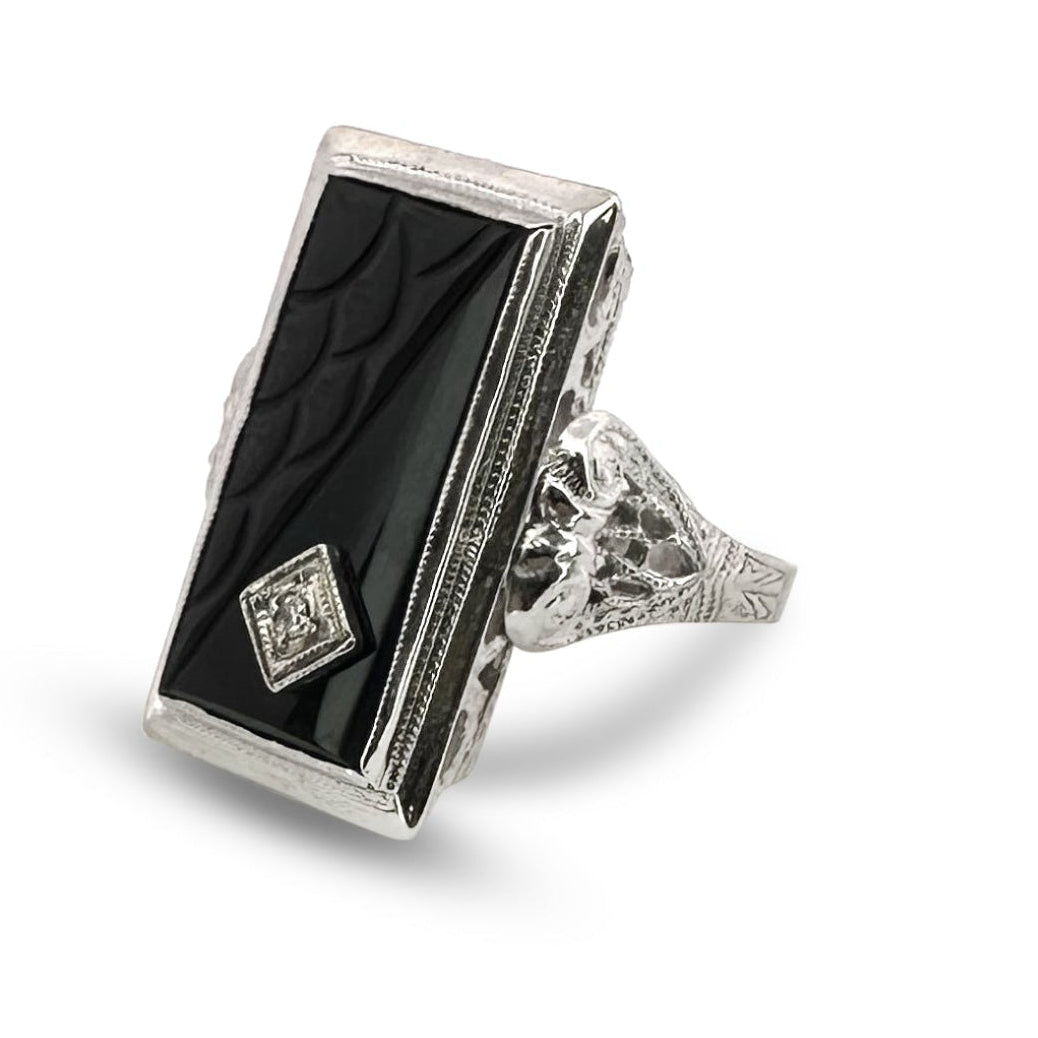 Art Deco Carved Onyx Tablet with Diamond Cocktail Ring in 14k White Gold