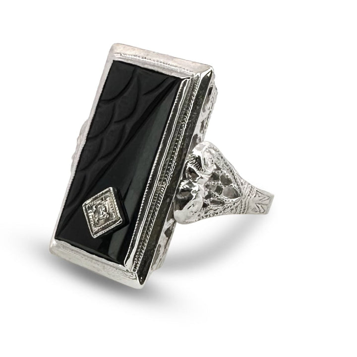 Art Deco Carved Onyx Tablet with Diamond Cocktail Ring in 14k White Gold