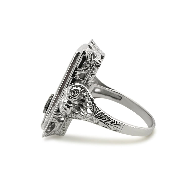 Art Deco Carved Onyx Tablet with Diamond Cocktail Ring in 14k White Gold
