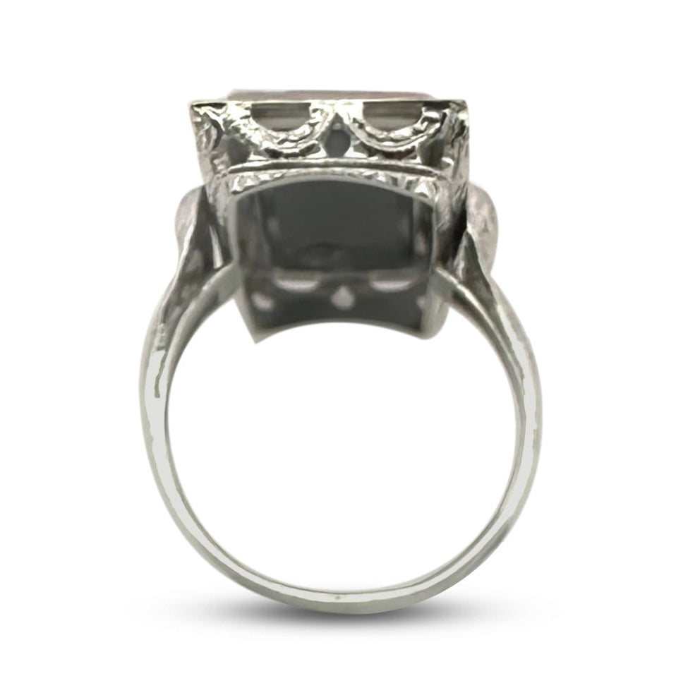 Art Deco Carved Onyx Tablet with Diamond Cocktail Ring in 14k White Gold