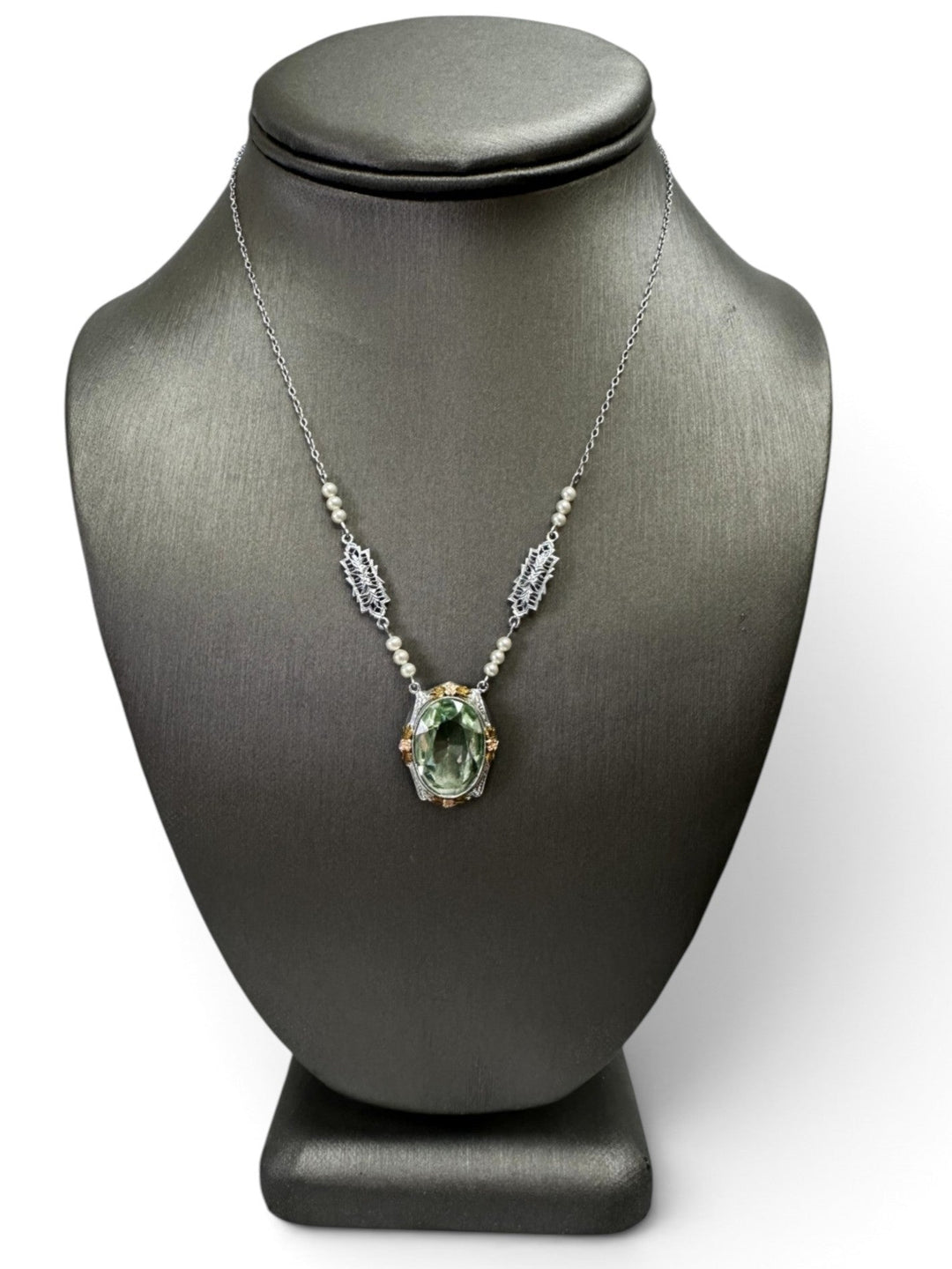 Art Deco Green Glass and Faux Pearl Necklace in 10k Tri-Color Gold