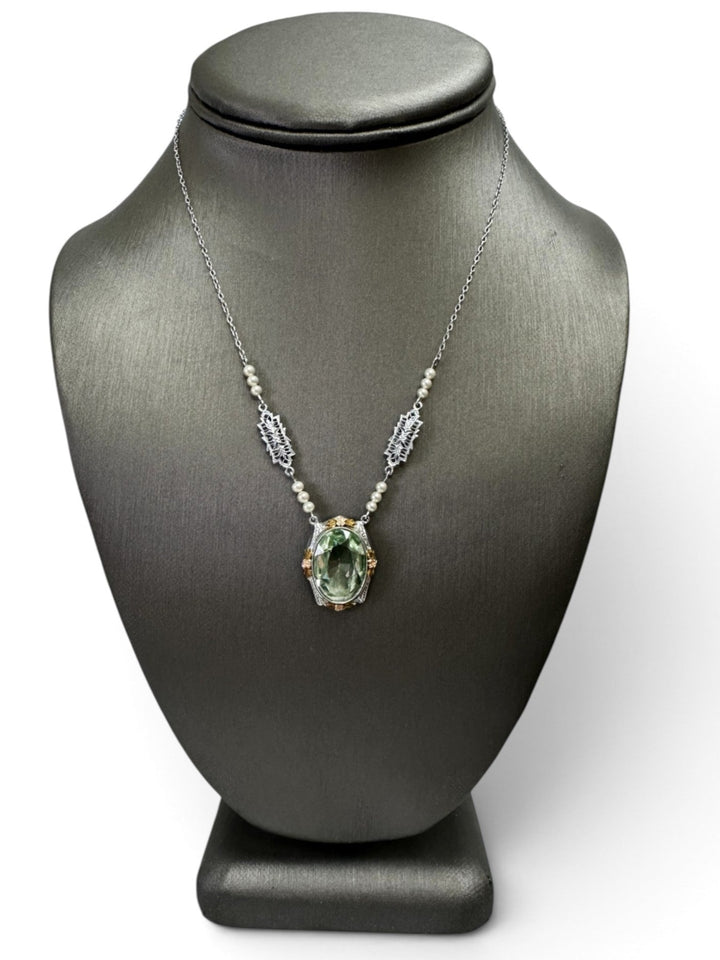 Art Deco Green Glass and Faux Pearl Necklace in 10k Tri-Color Gold