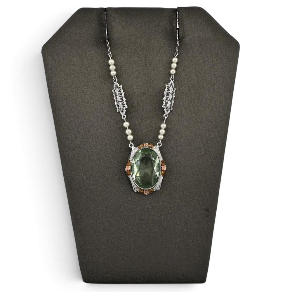 Art Deco Green Glass and Faux Pearl Necklace in 10k Tri-Color Gold