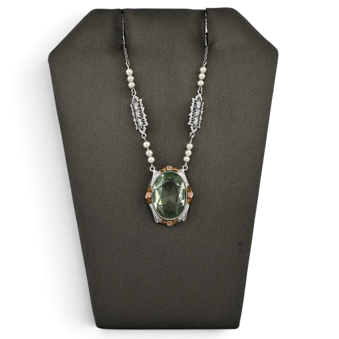 Art Deco Green Glass and Faux Pearl Necklace in 10k Tri-Color Gold