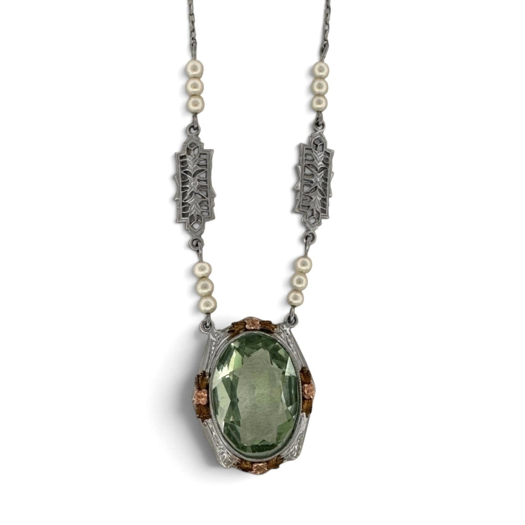 Art Deco Green Glass and Faux Pearl Necklace in 10k Tri-Color Gold