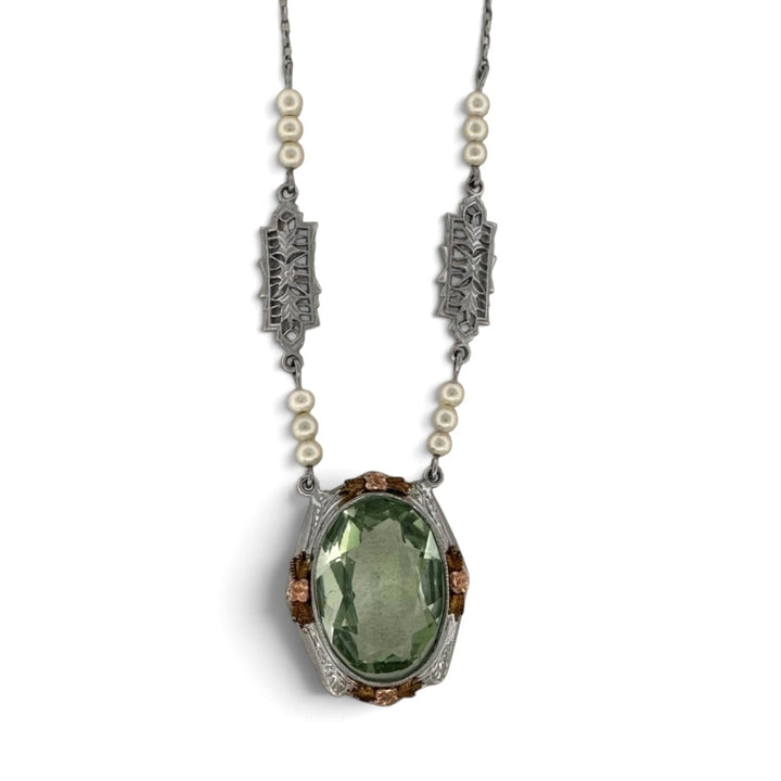 Art Deco Green Glass and Faux Pearl Necklace in 10k Tri-Color Gold