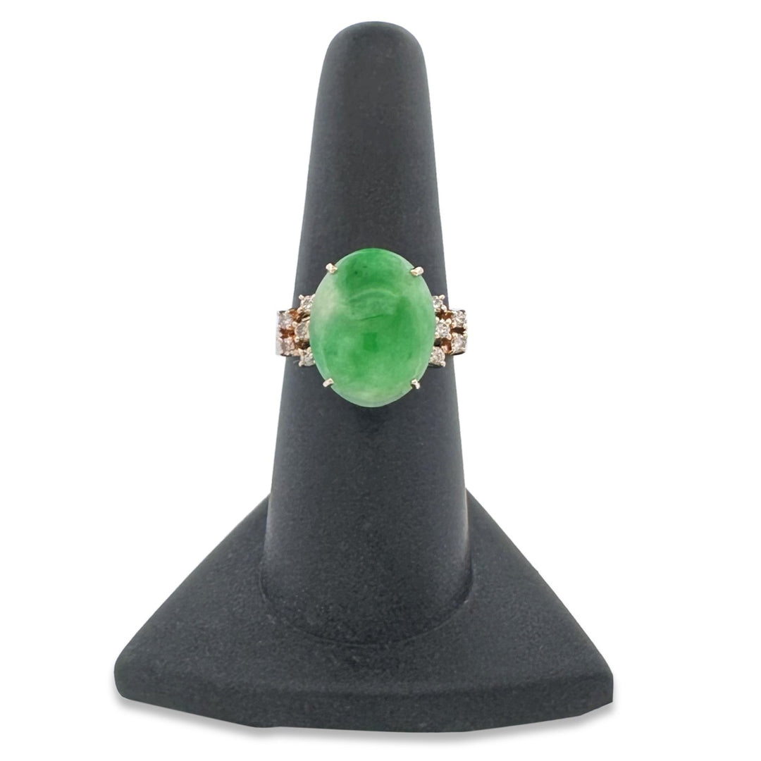 Oval Jadeite & Round Brilliant Natural Diamond Cocktail Ring in 14k Yellow Gold