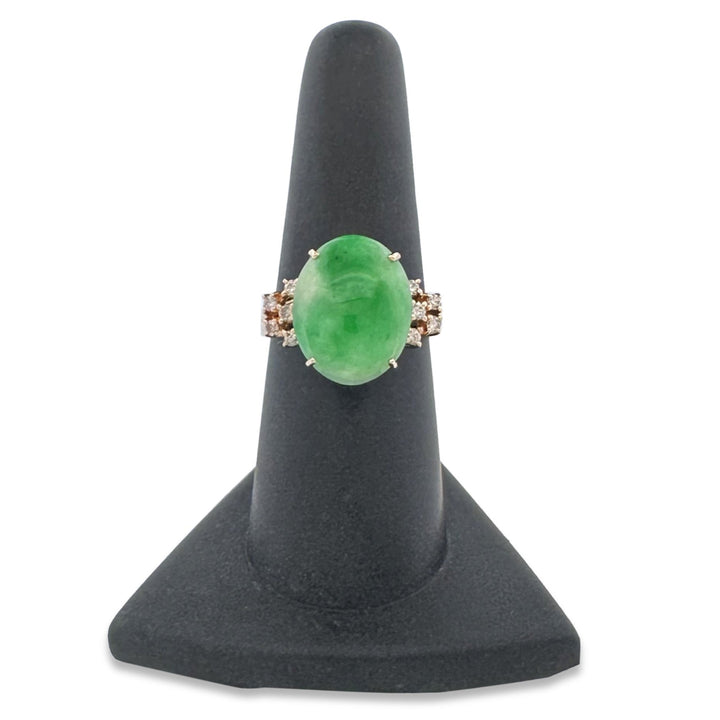 Oval Jadeite & Round Brilliant Natural Diamond Cocktail Ring in 14k Yellow Gold
