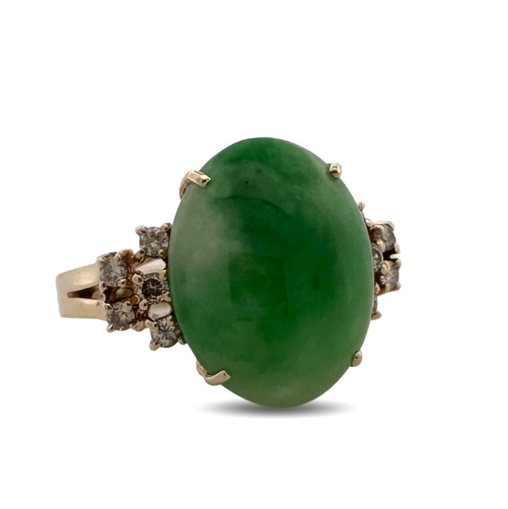 Oval Jadeite & Round Brilliant Natural Diamond Cocktail Ring in 14k Yellow Gold