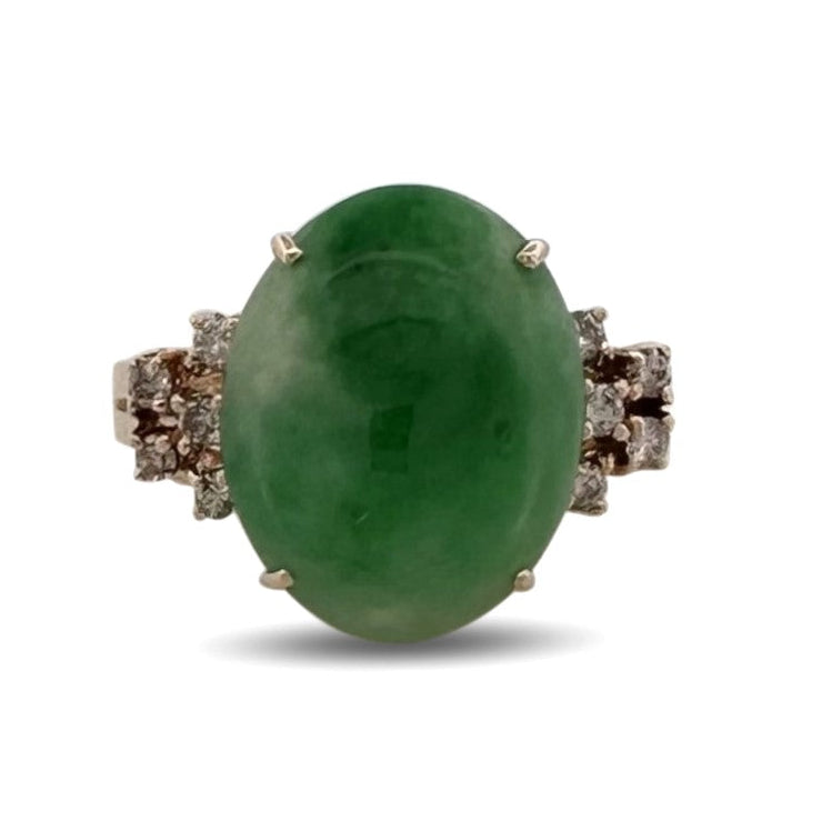 Oval Jadeite & Round Brilliant Natural Diamond Cocktail Ring in 14k Yellow Gold