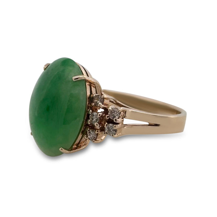 Oval Jadeite & Round Brilliant Natural Diamond Cocktail Ring in 14k Yellow Gold