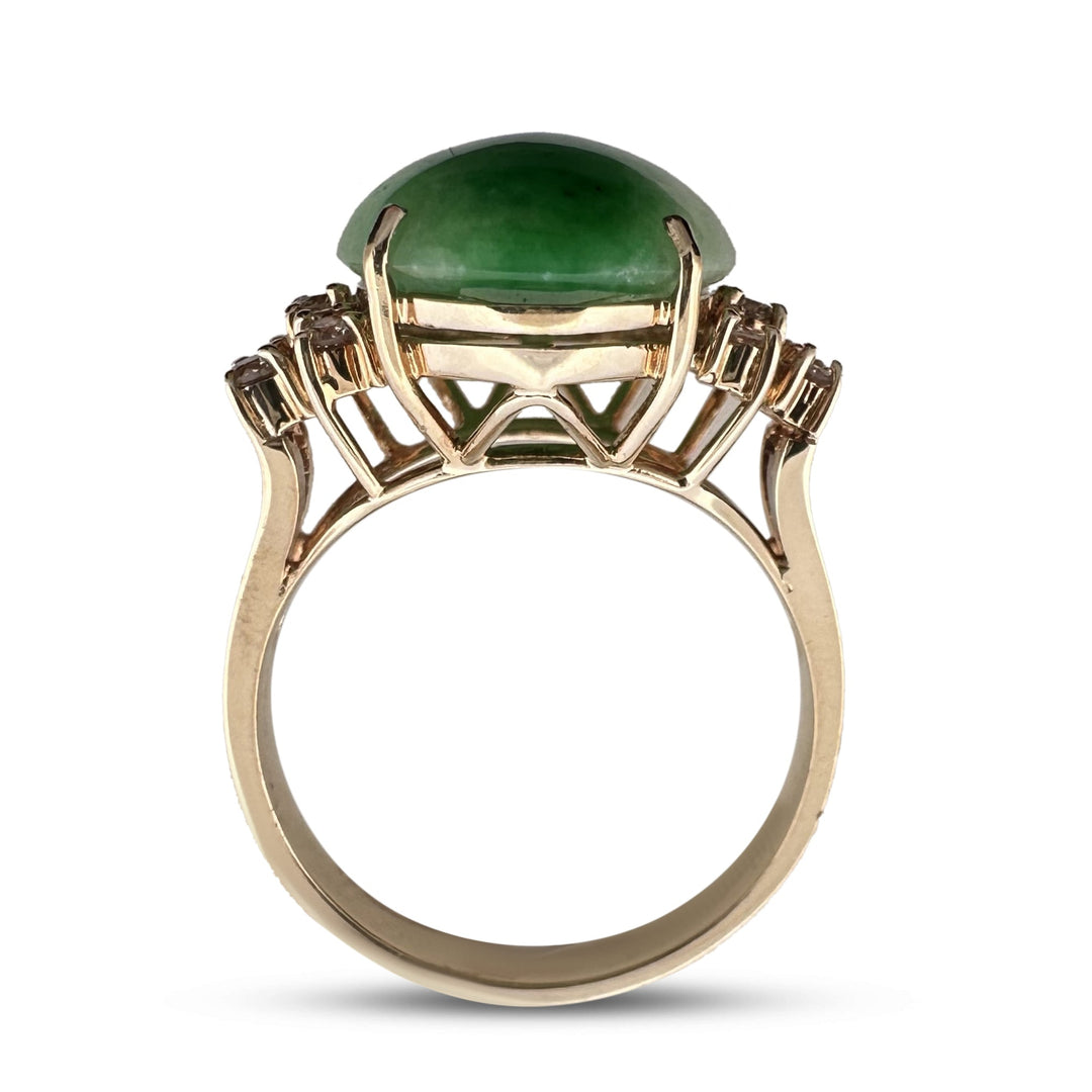 Oval Jadeite & Round Brilliant Natural Diamond Cocktail Ring in 14k Yellow Gold