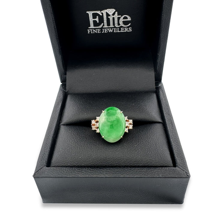 Oval Jadeite & Round Brilliant Natural Diamond Cocktail Ring in 14k Yellow Gold