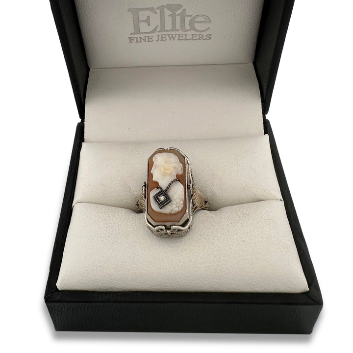 Vintage Carved Shell Cameo Habille & Onyx Tablet Flipping Ring in 10k White Gold
