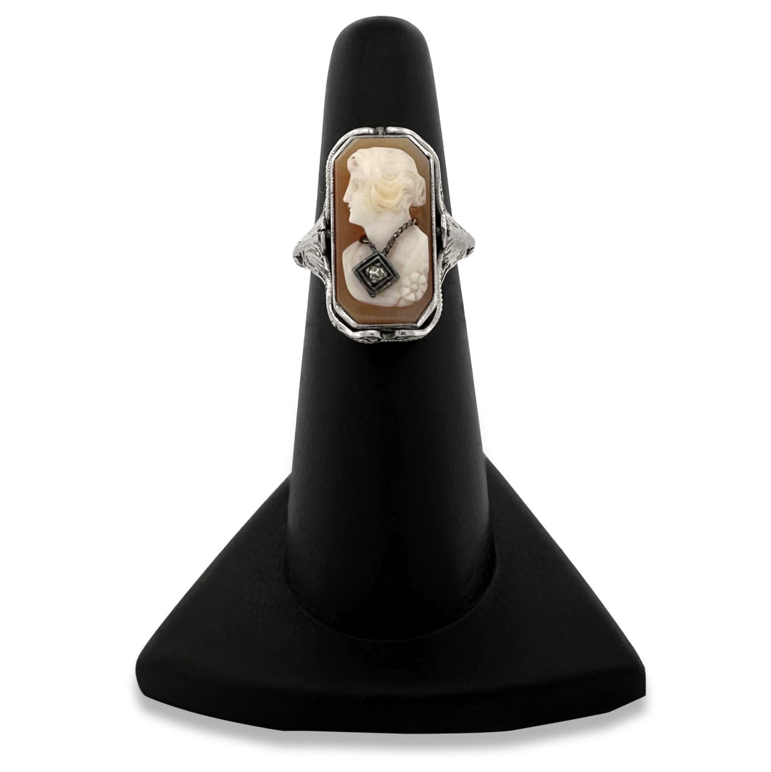 Vintage Carved Shell Cameo Habille & Onyx Tablet Flipping Ring in 10k White Gold