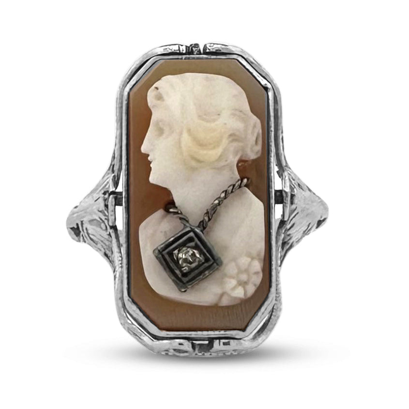Vintage Carved Shell Cameo Habille & Onyx Tablet Flipping Ring in 10k White Gold