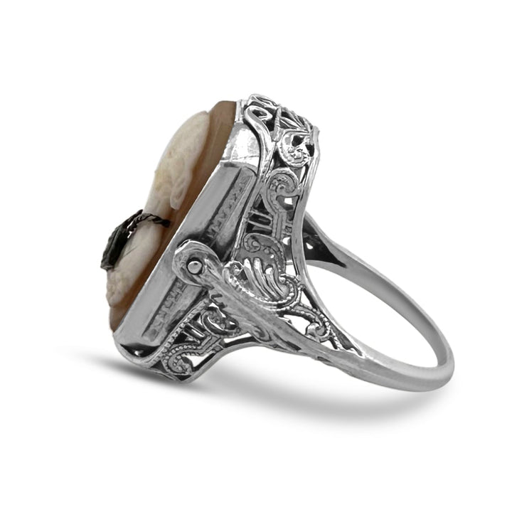 Vintage Carved Shell Cameo Habille & Onyx Tablet Flipping Ring in 10k White Gold