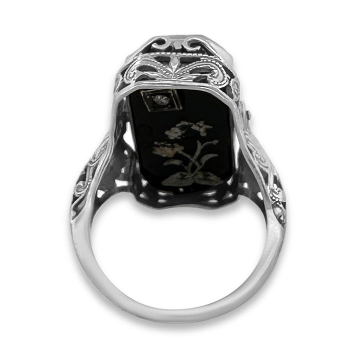 Vintage Carved Shell Cameo Habille & Onyx Tablet Flipping Ring in 10k White Gold