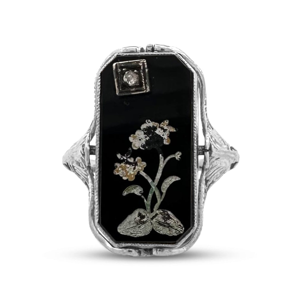 Vintage Carved Shell Cameo Habille & Onyx Tablet Flipping Ring in 10k White Gold