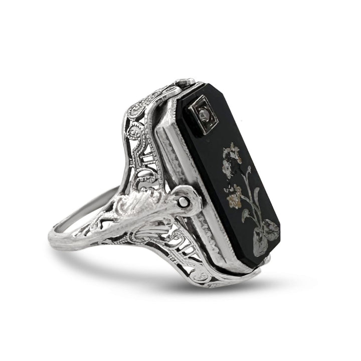 Vintage Carved Shell Cameo Habille & Onyx Tablet Flipping Ring in 10k White Gold