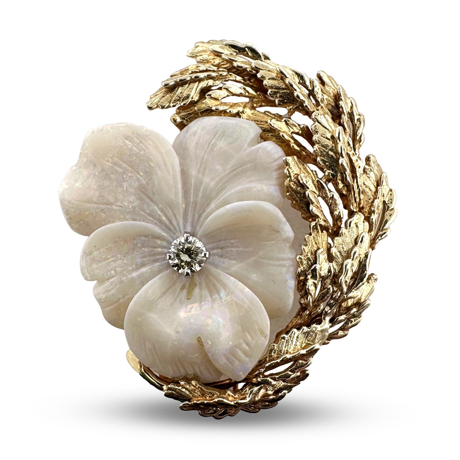 Vintage Carved Opal Pansy and Natural Round Brilliant Diamond Brooch in 18k Yellow Gold