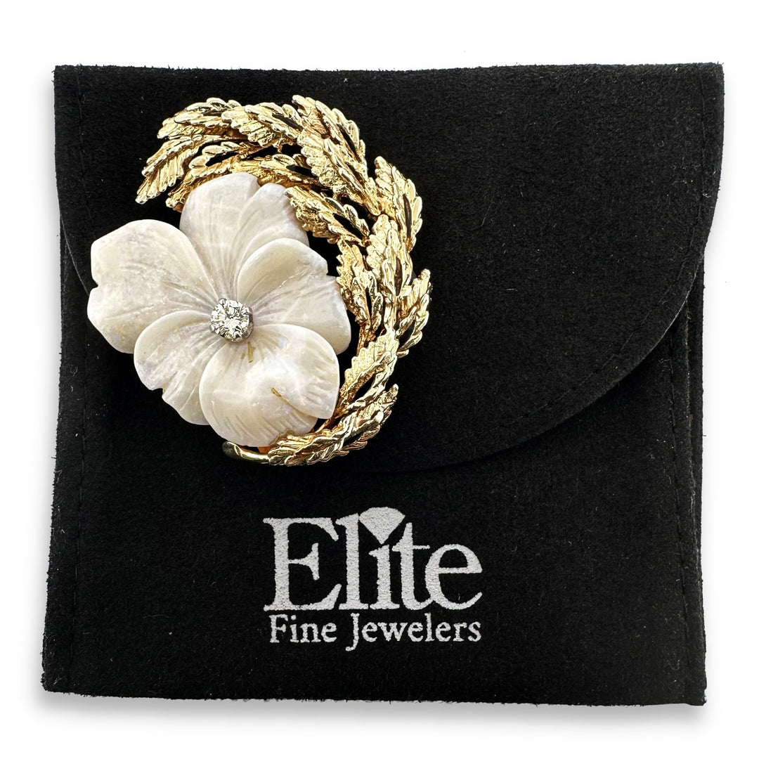 Vintage Carved Opal Pansy and Natural Round Brilliant Diamond Brooch in 18k Yellow Gold