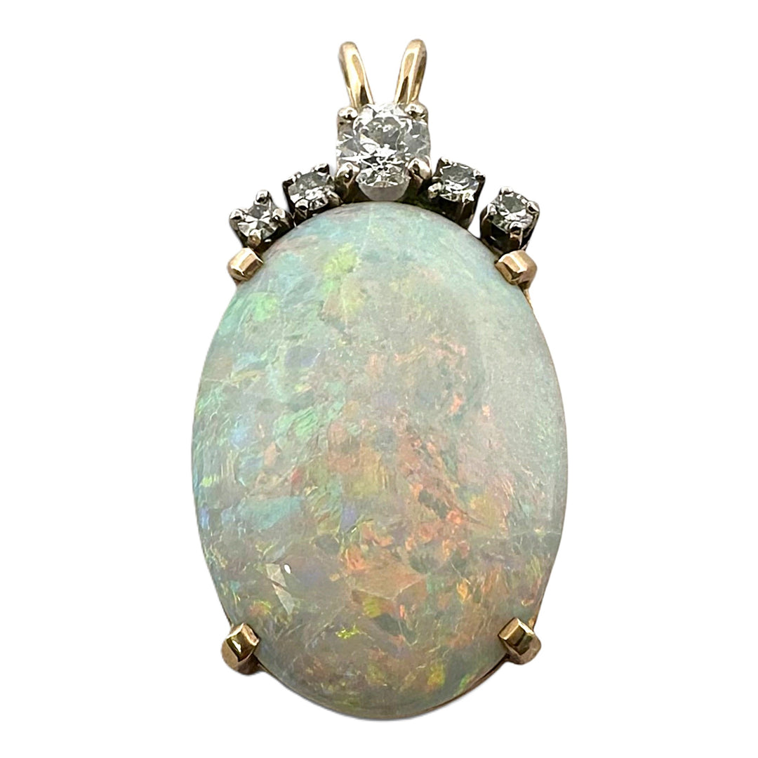 Opal with Round Brilliant Natural Diamond Pendant in 14k Two-Tone Gold