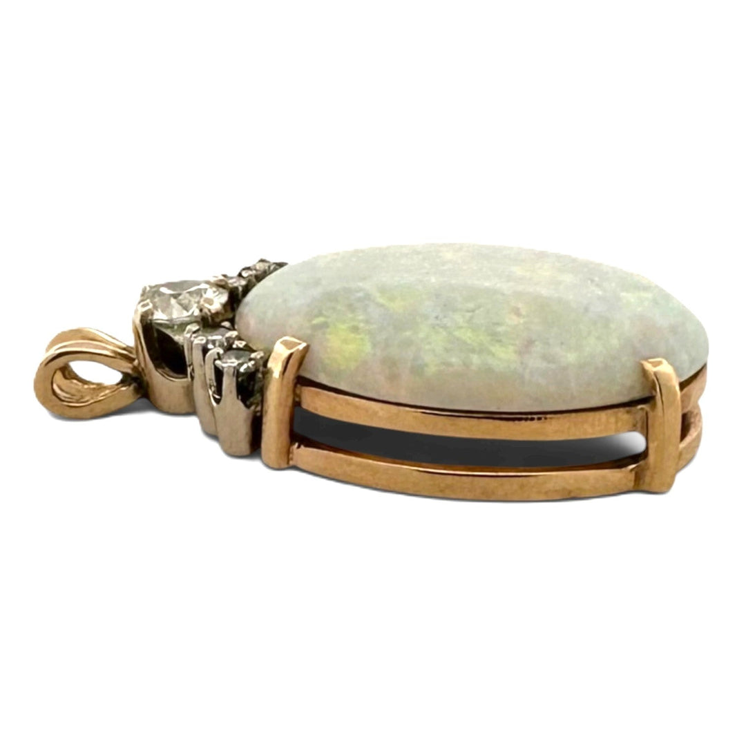 Opal with Round Brilliant Natural Diamond Pendant in 14k Two-Tone Gold