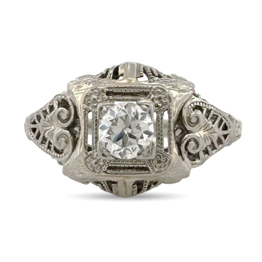 Art Deco 0.30ct Old European Cut Natural Diamond Solitaire Engagement Ring in 18k White Gold