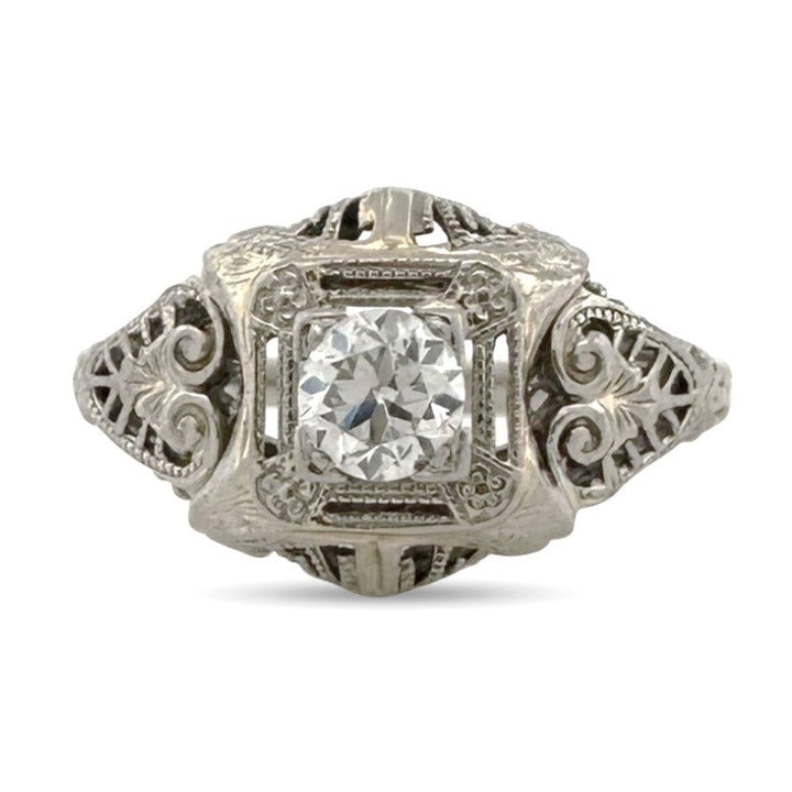Art Deco 0.30ct Old European Cut Natural Diamond Solitaire Engagement Ring in 18k White Gold