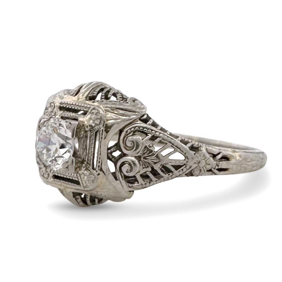 Art Deco 0.30ct Old European Cut Natural Diamond Solitaire Engagement Ring in 18k White Gold
