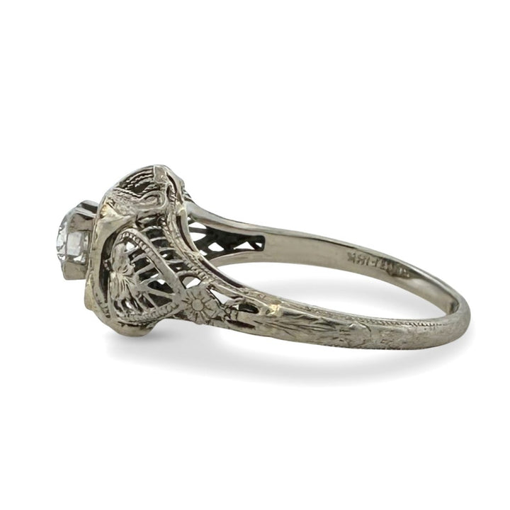 Art Deco 0.30ct Old European Cut Natural Diamond Solitaire Engagement Ring in 18k White Gold
