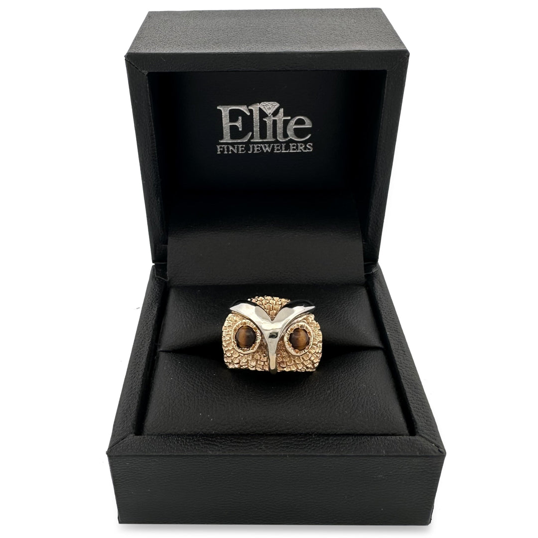 Vintage Tiger's Eye Owl Cocktail Ring in 14k Yellow Gold and Platinum