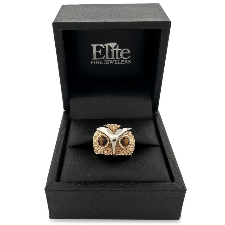 Vintage Tiger's Eye Owl Cocktail Ring in 14k Yellow Gold and Platinum