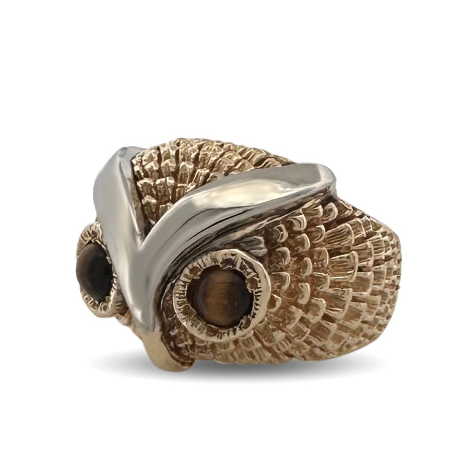 Vintage Tiger's Eye Owl Cocktail Ring in 14k Yellow Gold and Platinum