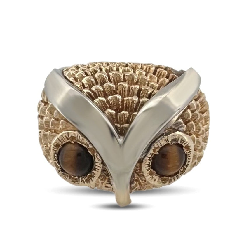 Vintage Tiger's Eye Owl Cocktail Ring in 14k Yellow Gold and Platinum
