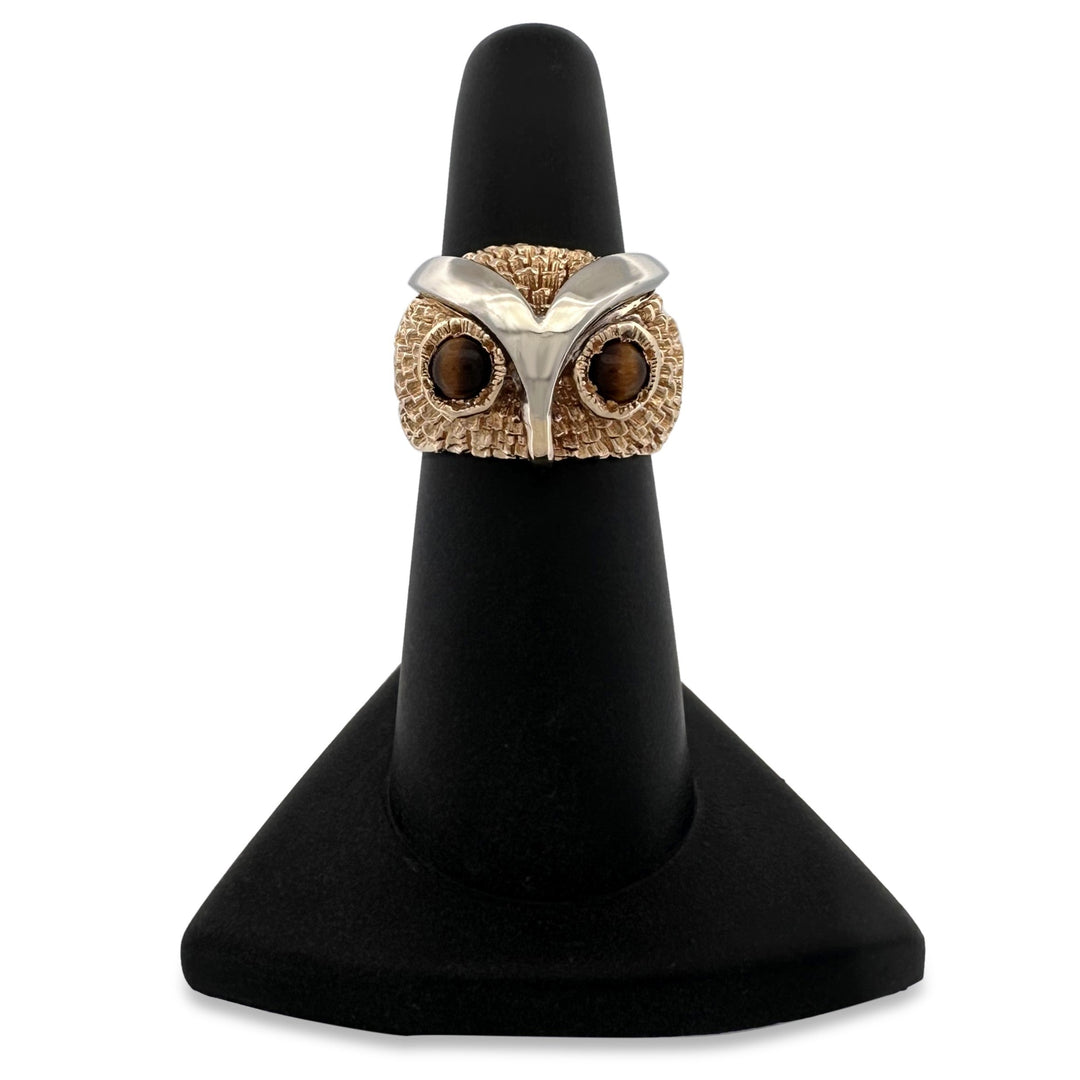 Vintage Tiger's Eye Owl Cocktail Ring in 14k Yellow Gold and Platinum