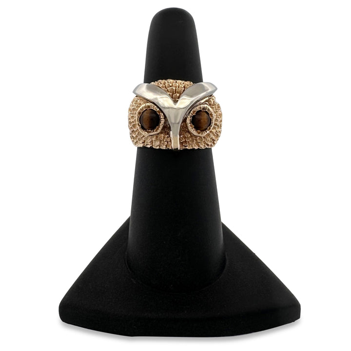 Vintage Tiger's Eye Owl Cocktail Ring in 14k Yellow Gold and Platinum
