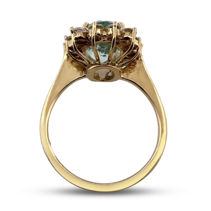 Vintage Oval Aquamarine with Round White Sapphire Halo Cocktail Ring in 18k Yellow Gold