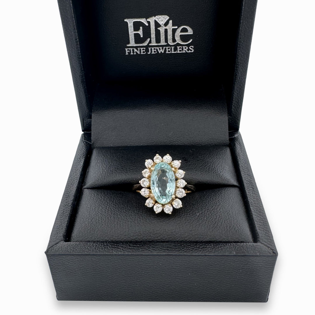 Vintage Oval Aquamarine with Round White Sapphire Halo Cocktail Ring in 18k Yellow Gold
