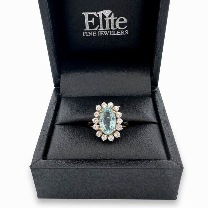Vintage Oval Aquamarine with Round White Sapphire Halo Cocktail Ring in 18k Yellow Gold