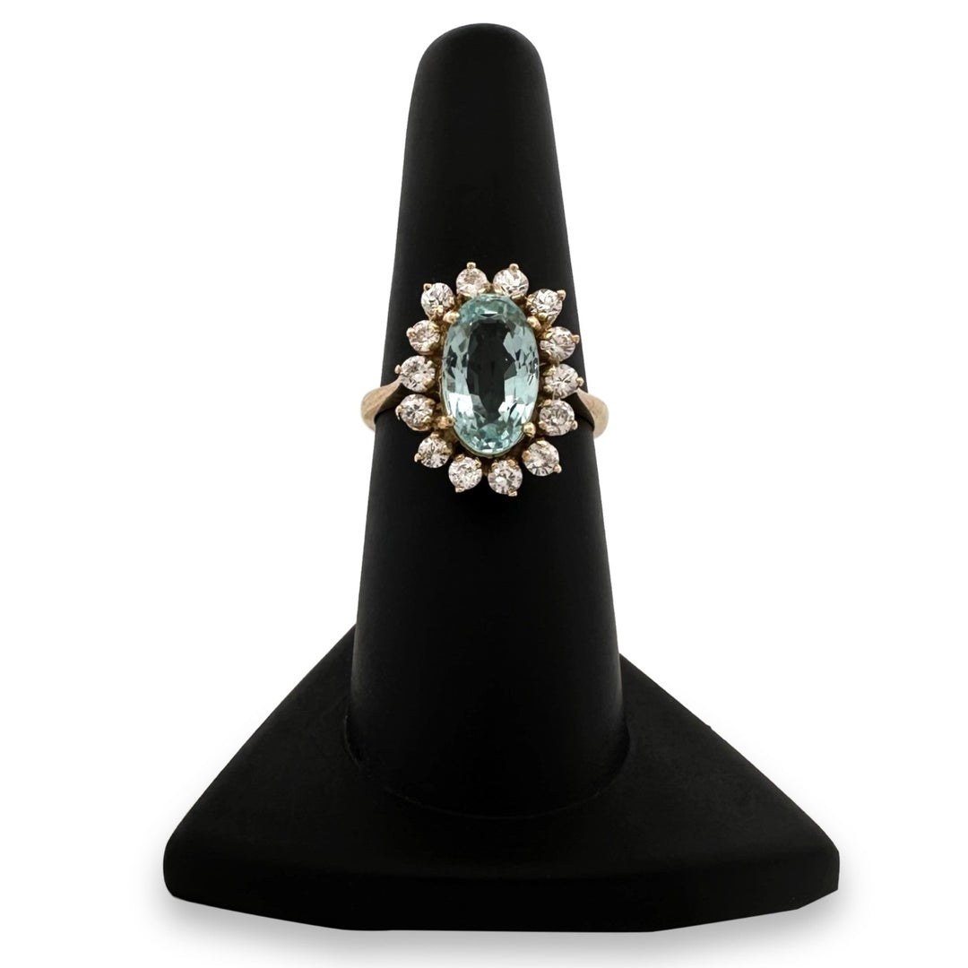 Vintage Oval Aquamarine with Round White Sapphire Halo Cocktail Ring in 18k Yellow Gold