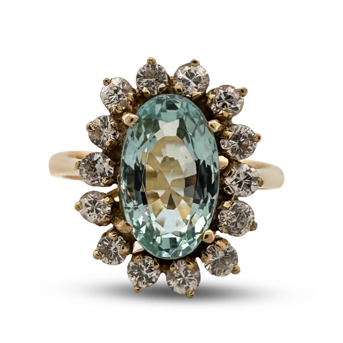 Vintage Oval Aquamarine with Round White Sapphire Halo Cocktail Ring in 18k Yellow Gold