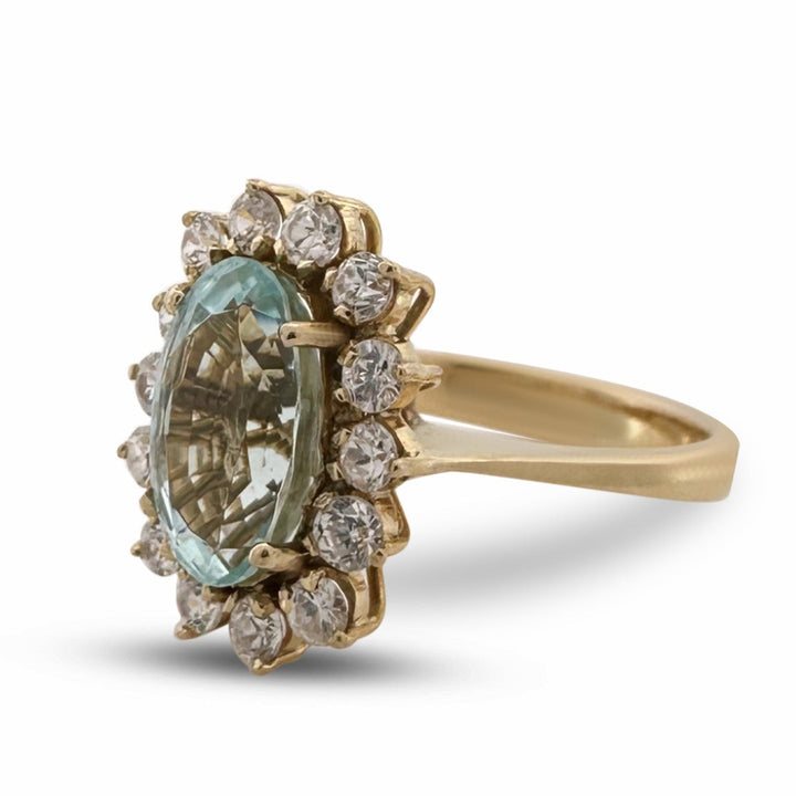 Vintage Oval Aquamarine with Round White Sapphire Halo Cocktail Ring in 18k Yellow Gold