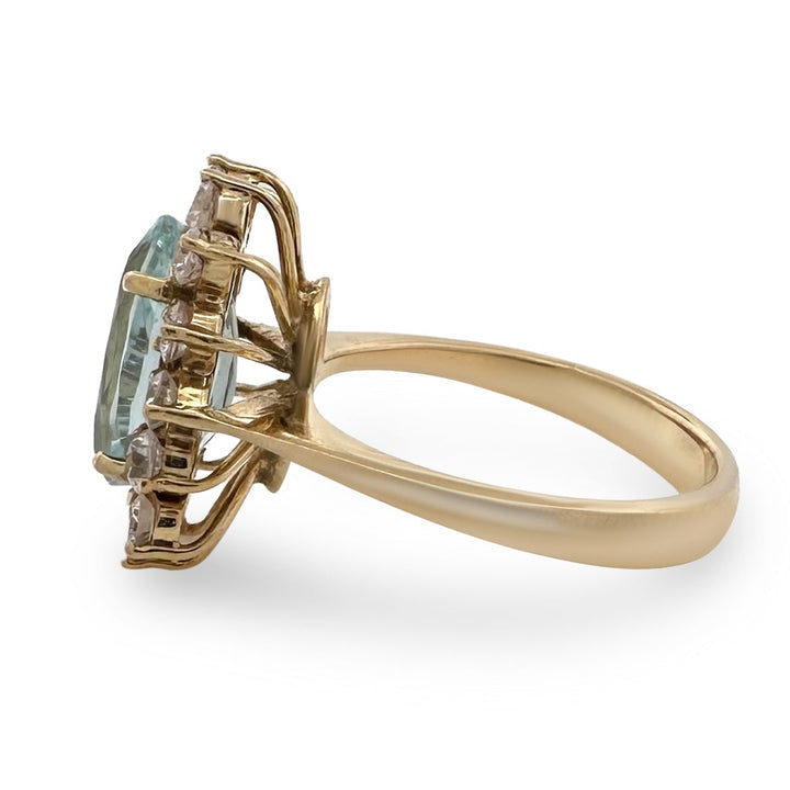 Vintage Oval Aquamarine with Round White Sapphire Halo Cocktail Ring in 18k Yellow Gold