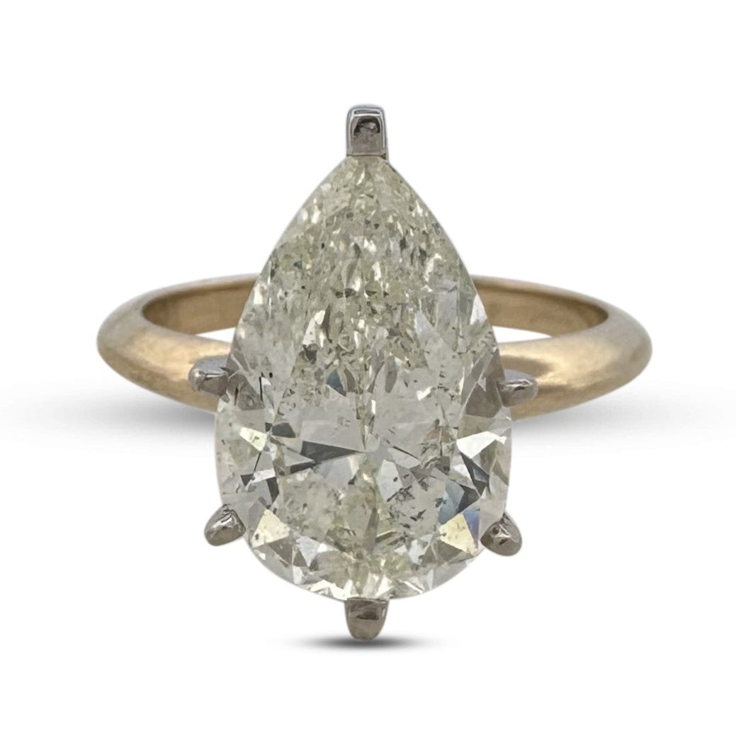 4.02ct Pear Shaped Natural Diamond Solitaire Engagement Ring in 14k Two-tone Gold
