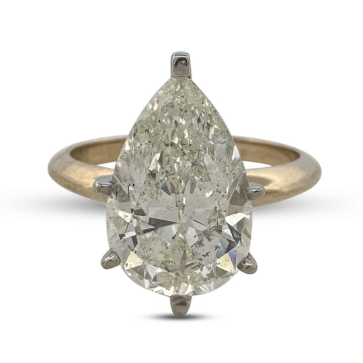 4.02ct Pear Shaped Natural Diamond Solitaire Engagement Ring in 14k Two-tone Gold